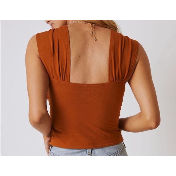 Maeve by Anthropologie Rust Ruched Square Neck Top Size Small - Picture 2 of 7